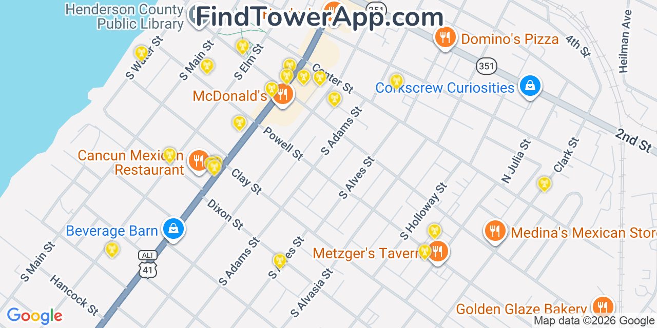 Map showing the 20 primary cell tower locations detected in Henderson, Kentucky from AT&T, Verizon, and T-Mobile networks