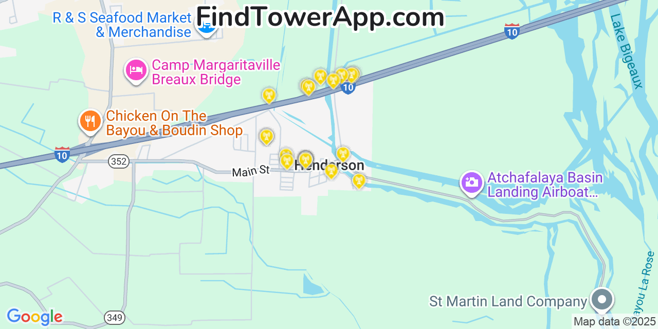 Map showing the 20 primary cell tower locations detected in Henderson, Louisiana from AT&T, Verizon, and T-Mobile networks