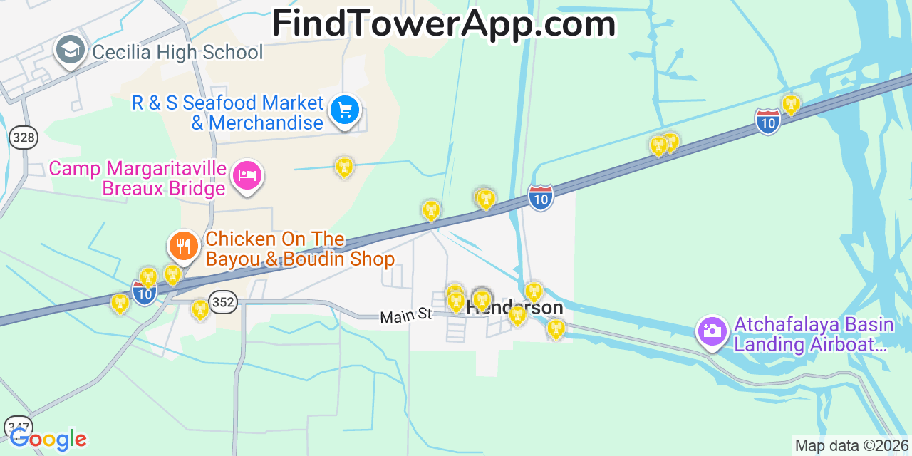 Map showing the 20 primary cell tower locations detected in Henderson, Louisiana from AT&T, Verizon, and T-Mobile networks