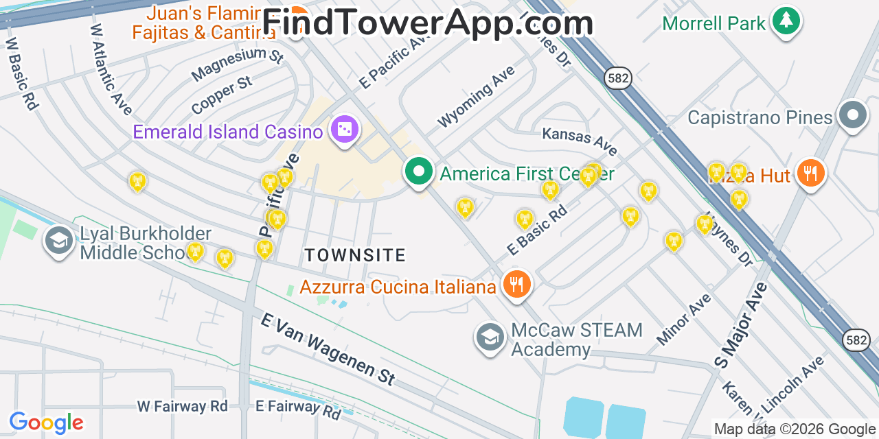 Map showing the 20 primary cell tower locations detected in Henderson, Nevada from AT&T, Verizon, and T-Mobile networks