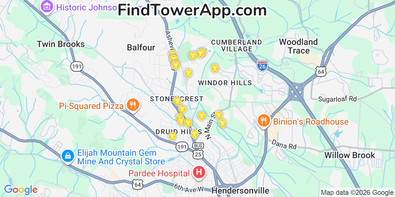 Map showing the 20 primary cell tower locations detected in Henderson, North Carolina from AT&T, Verizon, and T-Mobile networks