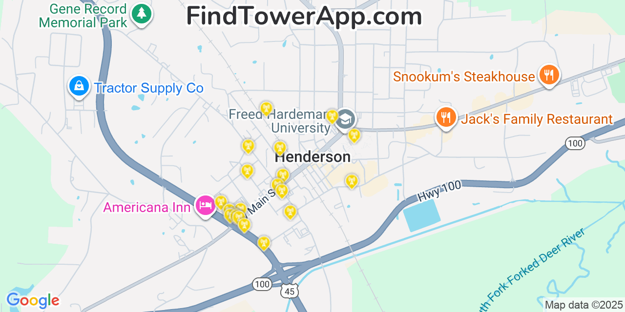 Map showing the 20 primary cell tower locations detected in Henderson, Tennessee from AT&T, Verizon, and T-Mobile networks