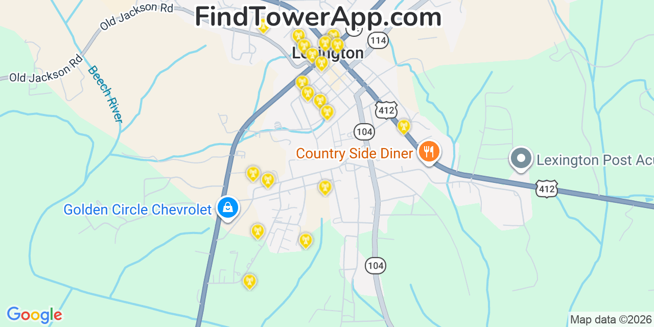 Map showing the 20 primary cell tower locations detected in Henderson, Tennessee from AT&T, Verizon, and T-Mobile networks