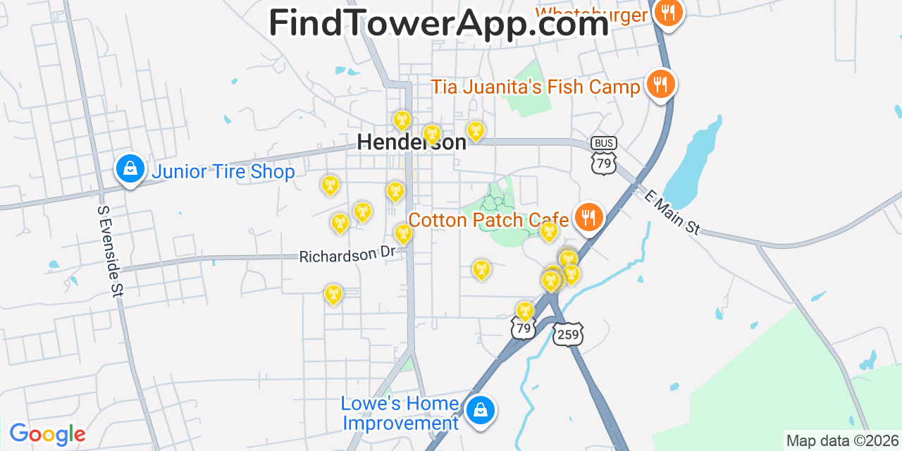 Map showing the 20 primary cell tower locations detected in Henderson, Texas from AT&T, Verizon, and T-Mobile networks