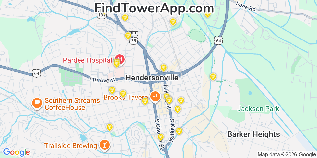 Map showing the 20 primary cell tower locations detected in Hendersonville, North Carolina from AT&T, Verizon, and T-Mobile networks