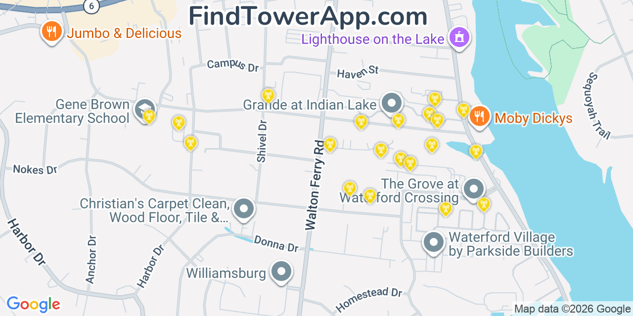 Map showing the 20 primary cell tower locations detected in Hendersonville, Tennessee from AT&T, Verizon, and T-Mobile networks