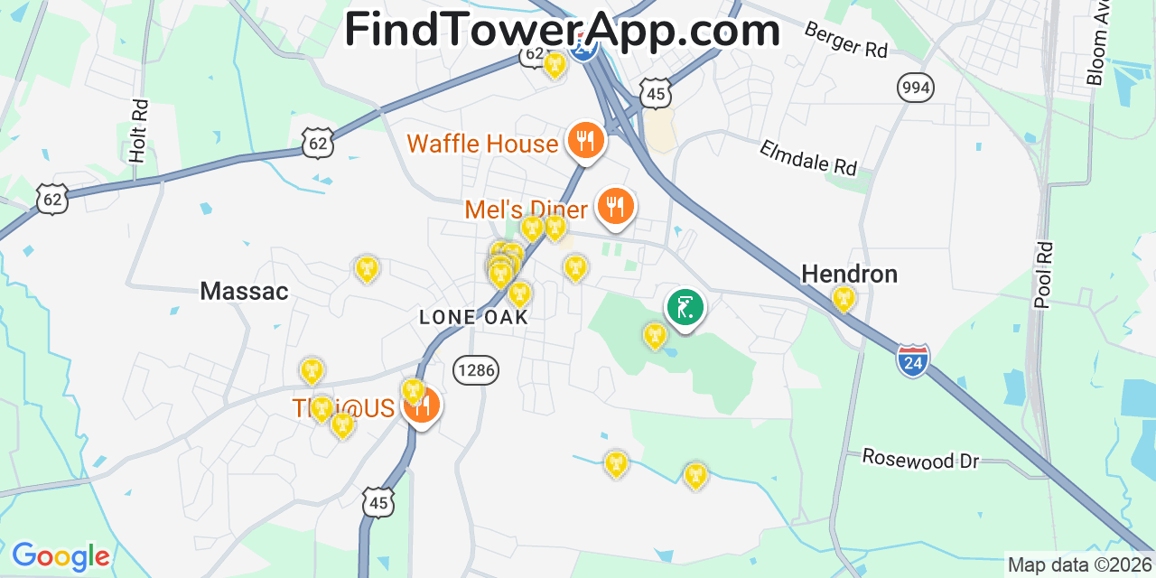 Map showing the 20 primary cell tower locations detected in Hendron, Kentucky from AT&T, Verizon, and T-Mobile networks