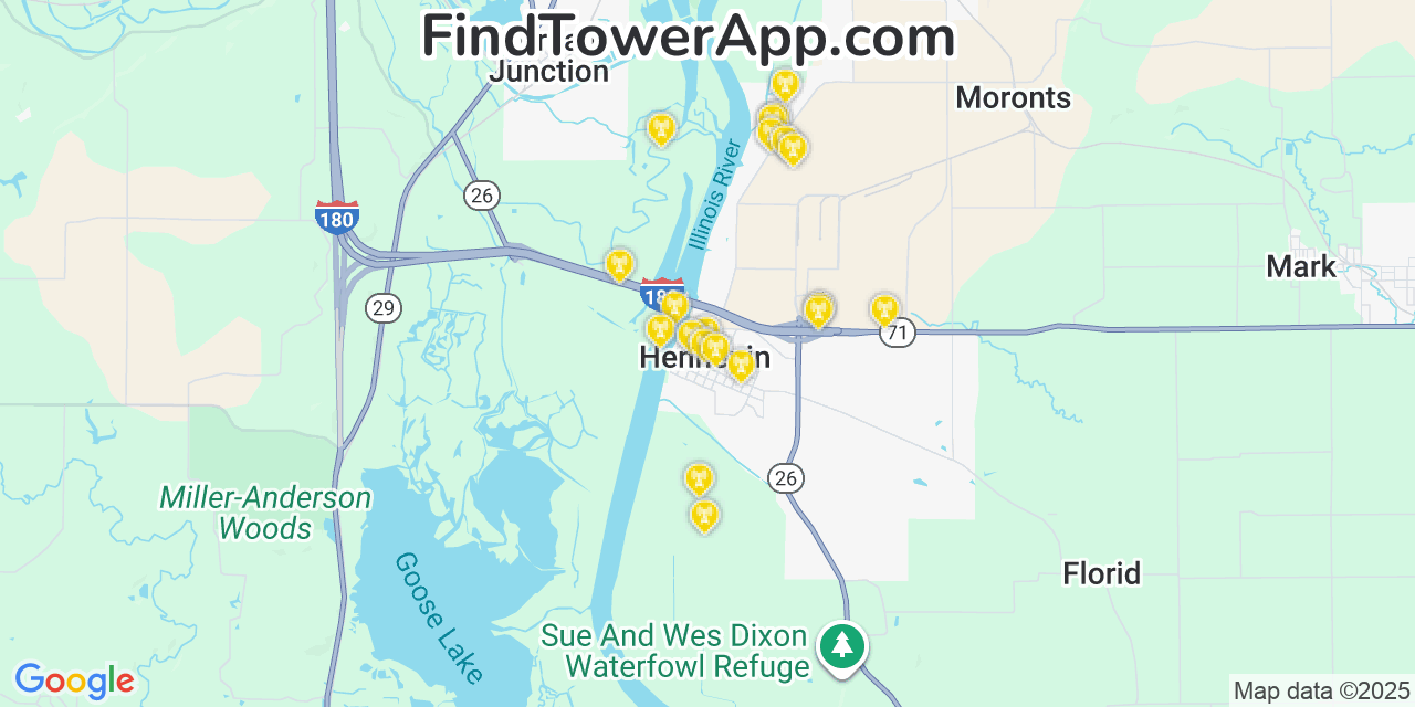 Map showing the 20 primary cell tower locations detected in Hennepin, Illinois from AT&T, Verizon, and T-Mobile networks