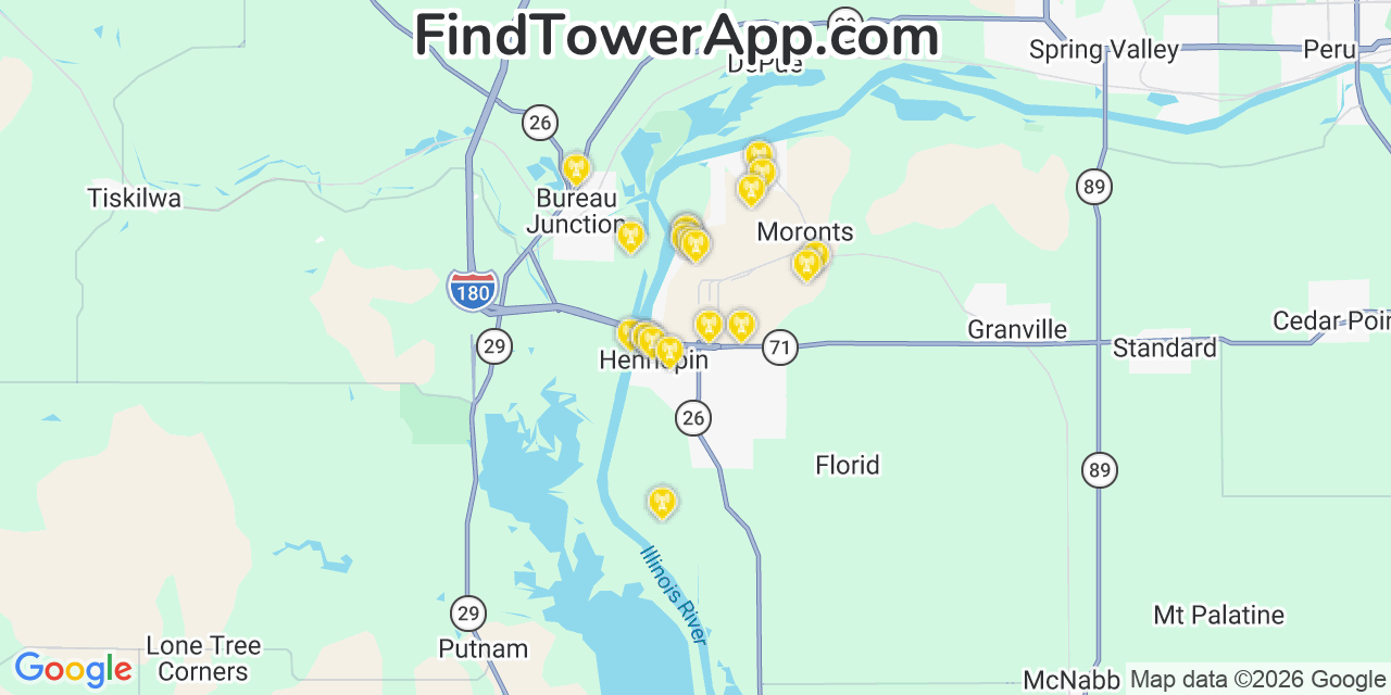 Map showing the 20 primary cell tower locations detected in Hennepin, Illinois from AT&T, Verizon, and T-Mobile networks