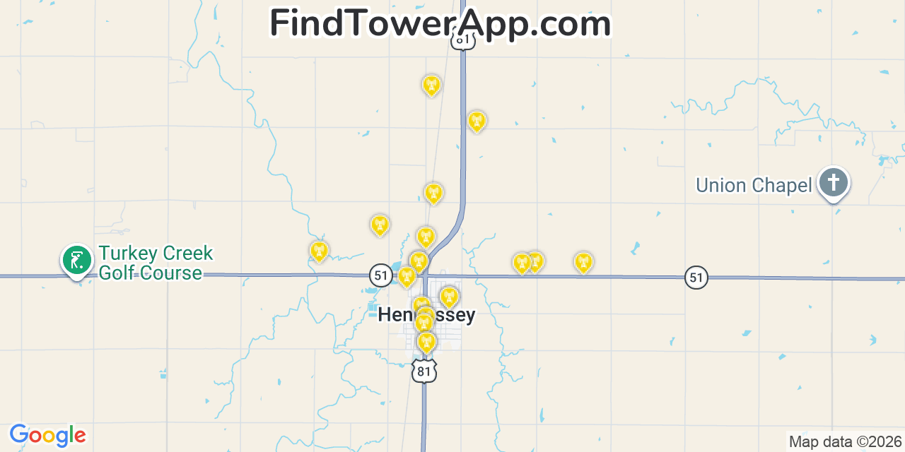 Map showing the 20 primary cell tower locations detected in Hennessey, Oklahoma from AT&T, Verizon, and T-Mobile networks