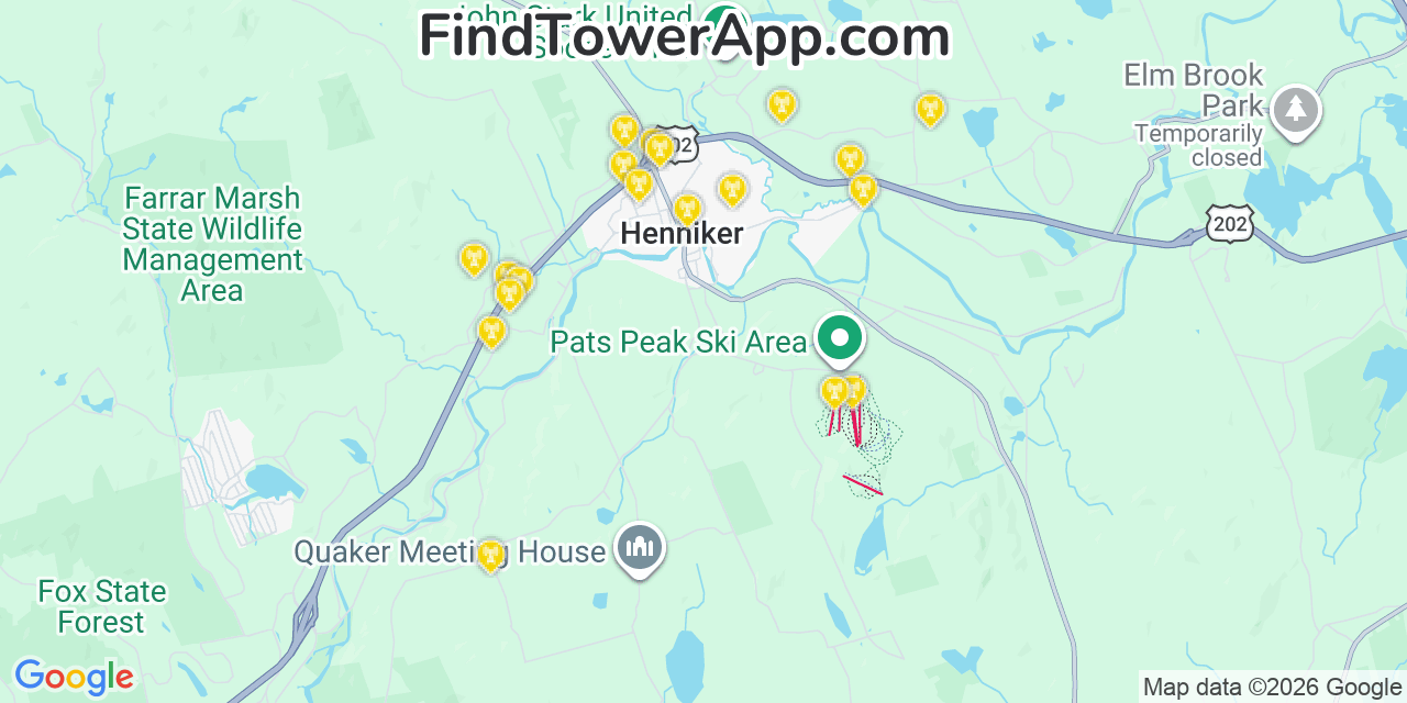 Map showing the 20 primary cell tower locations detected in Henniker, New Hampshire from AT&T, Verizon, and T-Mobile networks
