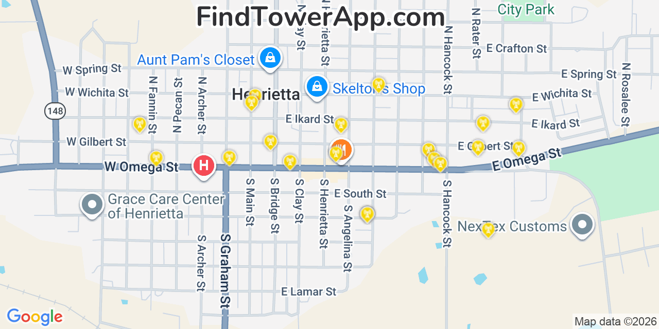 Map showing the 20 primary cell tower locations detected in Henrietta, Texas from AT&T, Verizon, and T-Mobile networks