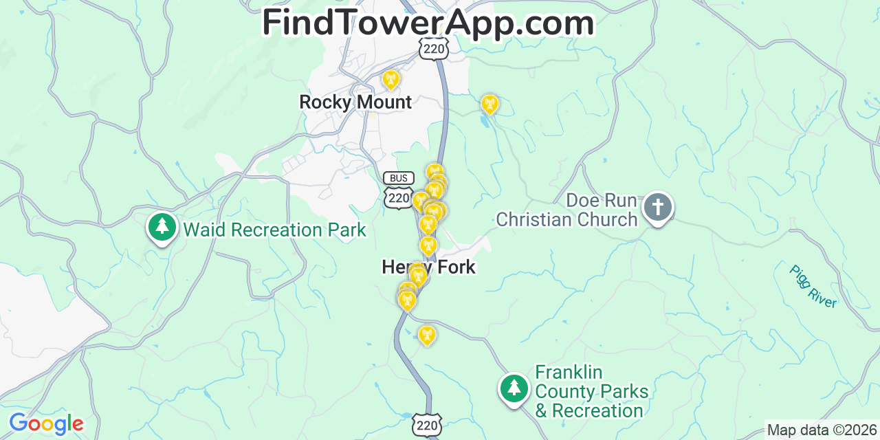 Map showing the 20 primary cell tower locations detected in Henry Fork, Virginia from AT&T, Verizon, and T-Mobile networks