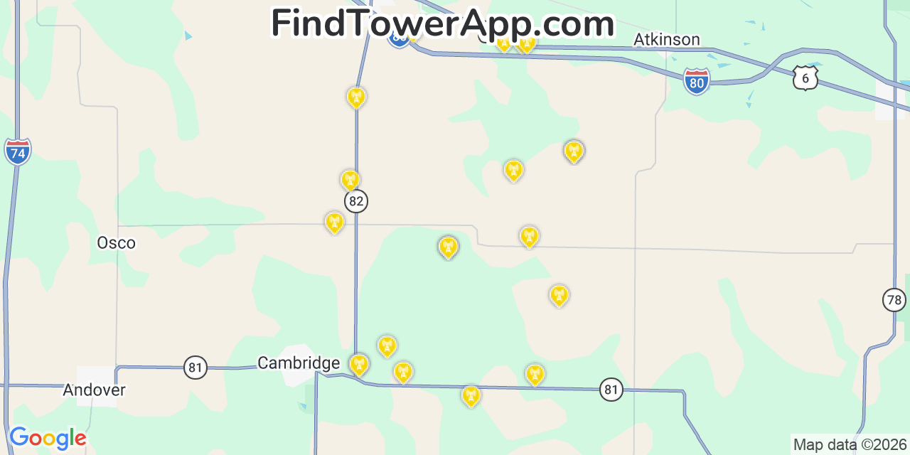 Map showing the 20 primary cell tower locations detected in Henry, Illinois from AT&T, Verizon, and T-Mobile networks