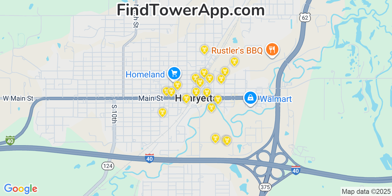 Map showing the 20 primary cell tower locations detected in Henryetta, Oklahoma from AT&T, Verizon, and T-Mobile networks