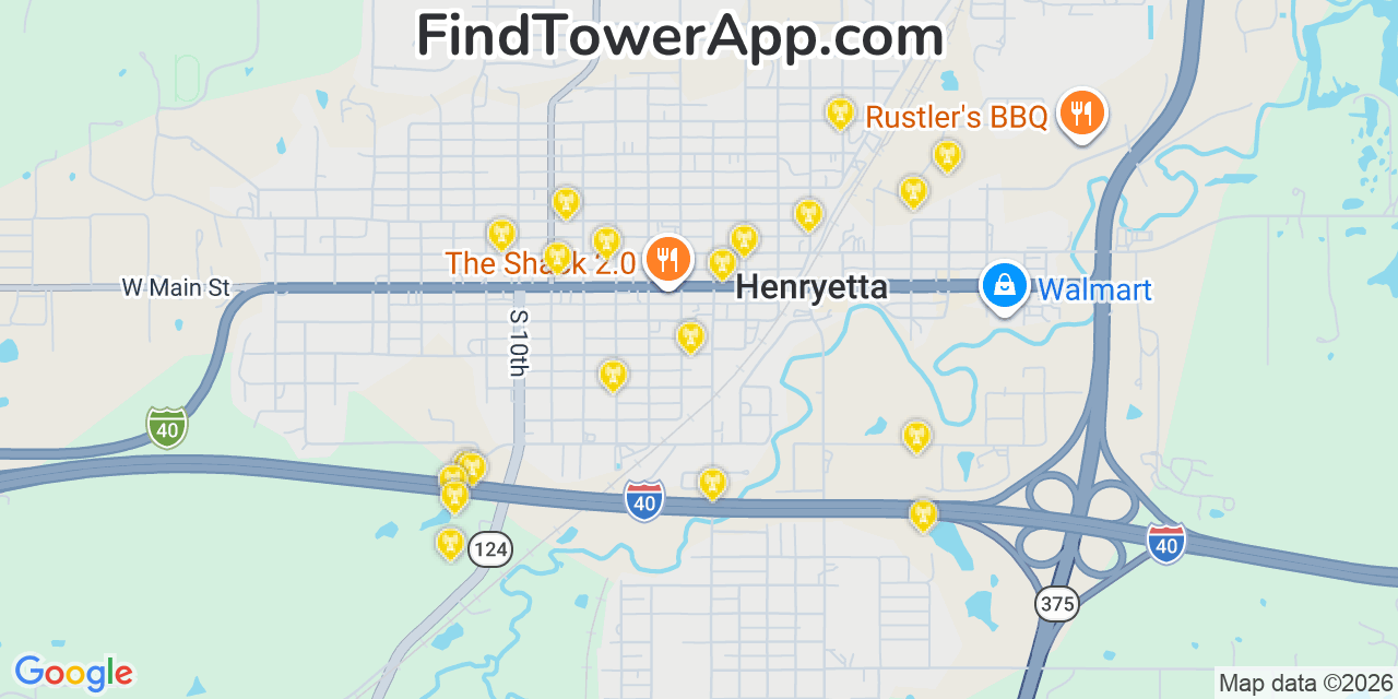 Map showing the 20 primary cell tower locations detected in Henryetta, Oklahoma from AT&T, Verizon, and T-Mobile networks