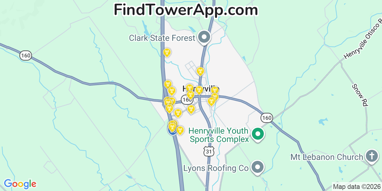 Map showing the 20 primary cell tower locations detected in Henryville, Indiana from AT&T, Verizon, and T-Mobile networks