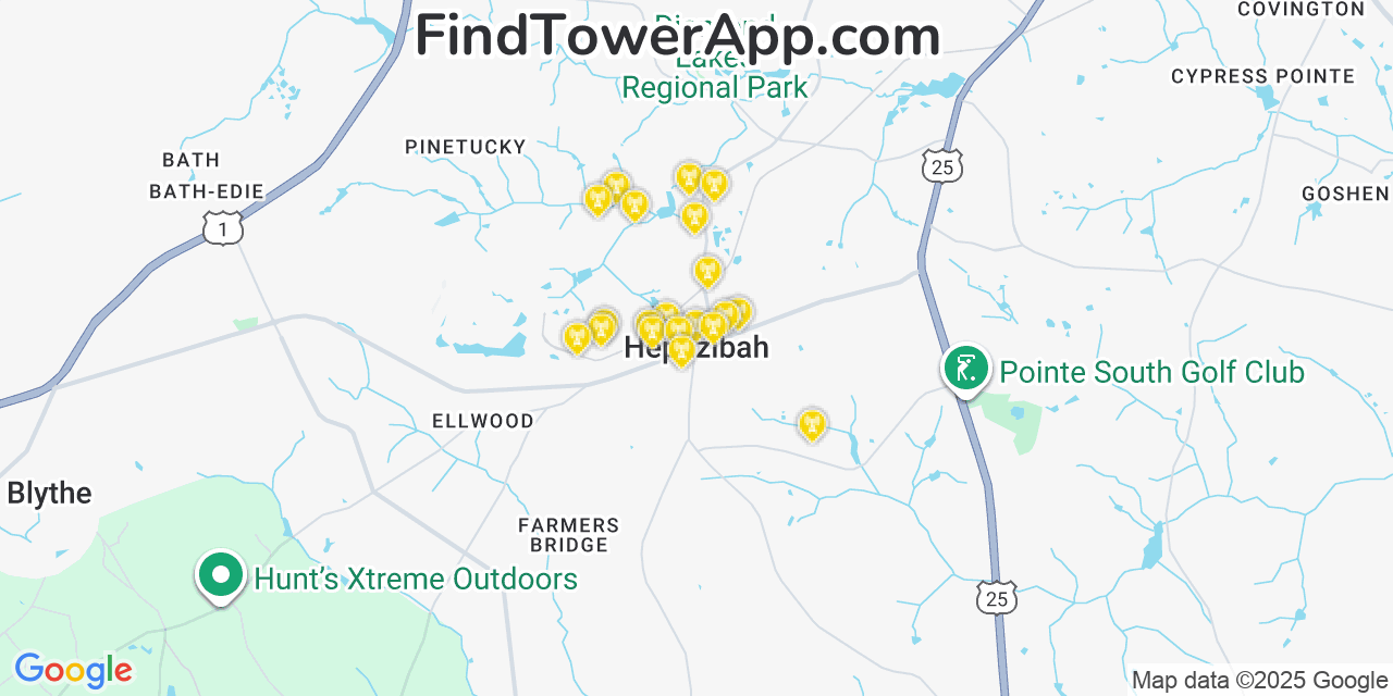 Map showing the 20 primary cell tower locations detected in Hephzibah, Georgia from AT&T, Verizon, and T-Mobile networks