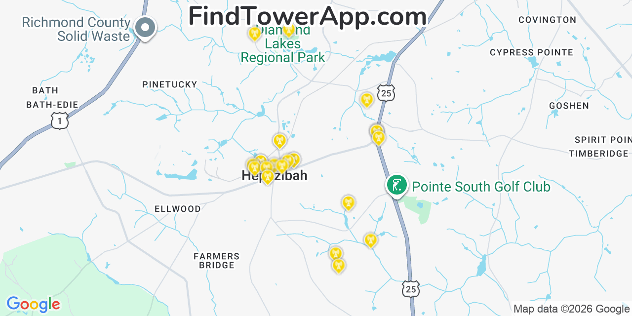Map showing the 20 primary cell tower locations detected in Hephzibah, Georgia from AT&T, Verizon, and T-Mobile networks