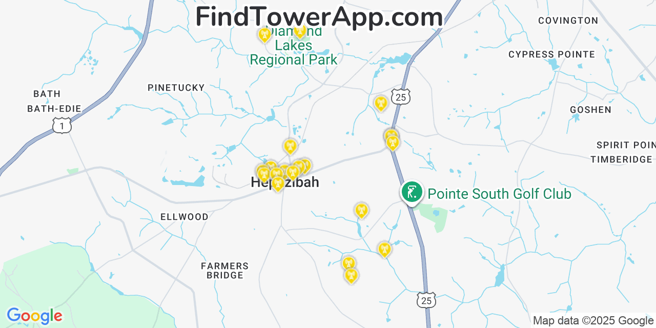 Map showing the 20 primary Mobitel cell tower locations detected in Hephzibah, Georgia with coverage radius and signal strength indicators