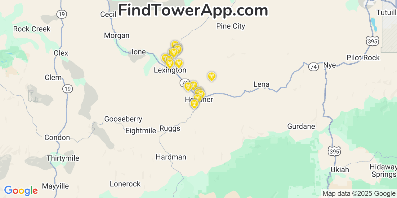 Map showing the 20 primary cell tower locations detected in Heppner, Oregon from AT&T, Verizon, and T-Mobile networks