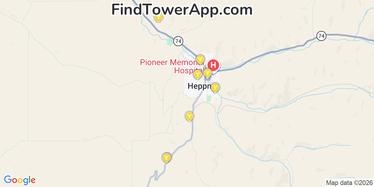Map showing the 20 primary cell tower locations detected in Heppner, Oregon from AT&T, Verizon, and T-Mobile networks