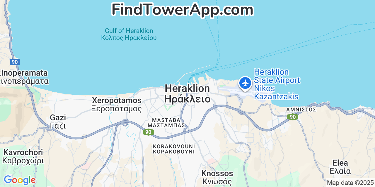 Map showing the 0 primary Vodafone cell tower locations detected in Heraklion, Greece with coverage radius and signal strength indicators