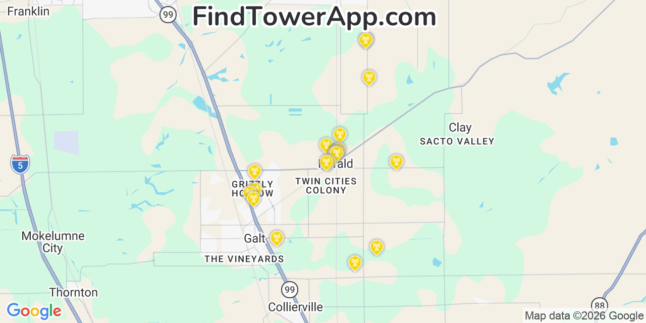 Map showing the 20 primary cell tower locations detected in Herald, California from AT&T, Verizon, and T-Mobile networks