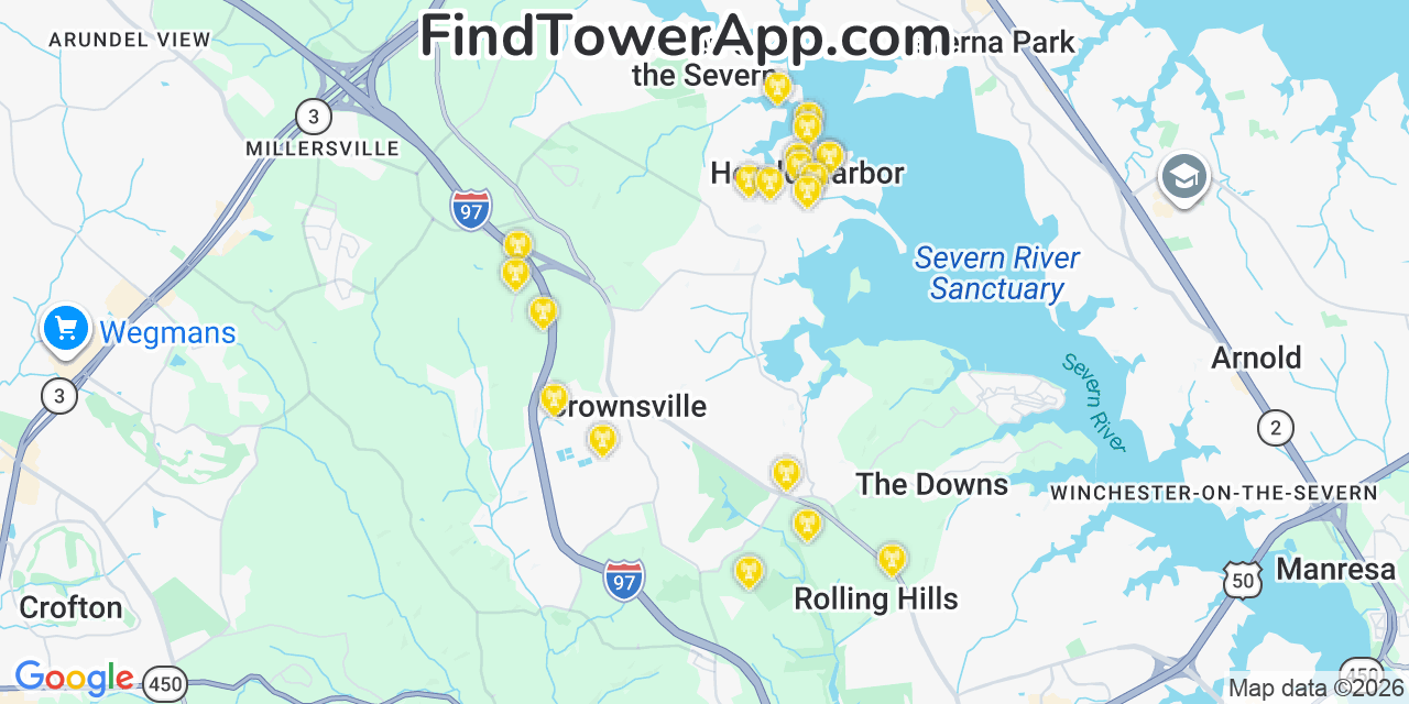 Map showing the 20 primary cell tower locations detected in Herald Harbor, Maryland from AT&T, Verizon, and T-Mobile networks