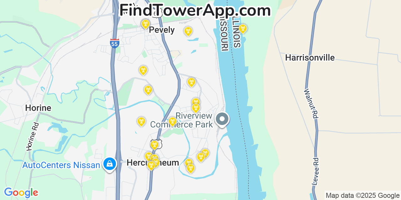 Map showing the 20 primary cell tower locations detected in Herculaneum, Missouri from AT&T, Verizon, and T-Mobile networks