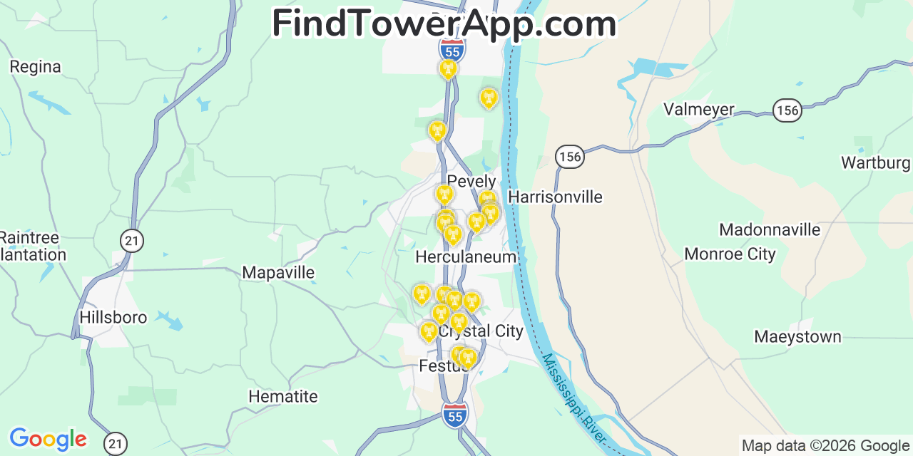 Map showing the 20 primary cell tower locations detected in Herculaneum, Missouri from AT&T, Verizon, and T-Mobile networks