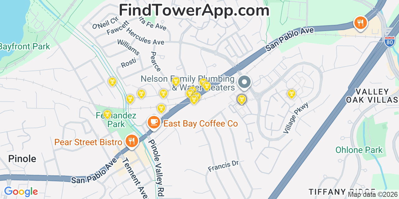 Map showing the 20 primary cell tower locations detected in Hercules, California from AT&T, Verizon, and T-Mobile networks