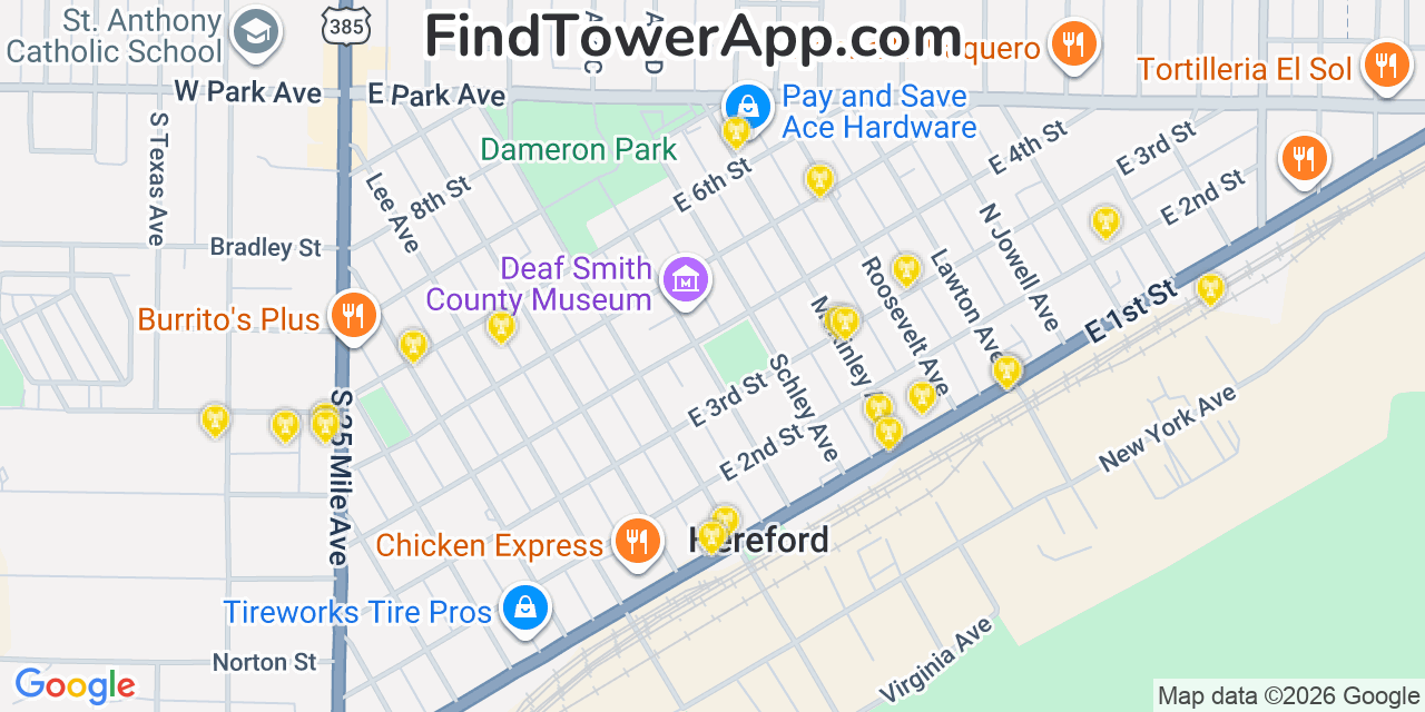 Map showing the 20 primary cell tower locations detected in Hereford, Texas from AT&T, Verizon, and T-Mobile networks