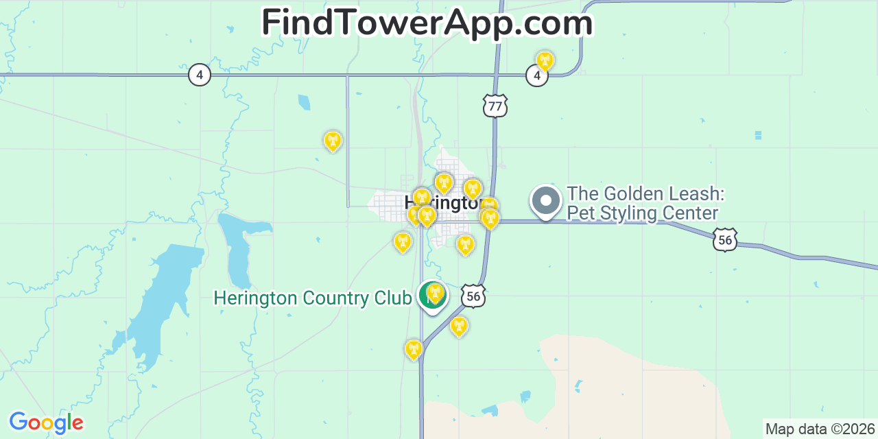 Map showing the 20 primary cell tower locations detected in Herington, Kansas from AT&T, Verizon, and T-Mobile networks