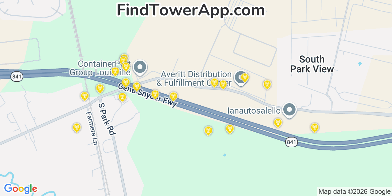 Map showing the 20 primary cell tower locations detected in Heritage Creek, Kentucky from AT&T, Verizon, and T-Mobile networks