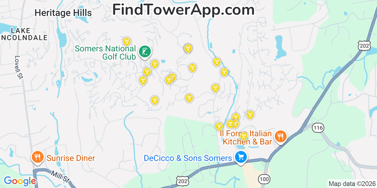 Map showing the 20 primary cell tower locations detected in Heritage Hills, New York from AT&T, Verizon, and T-Mobile networks