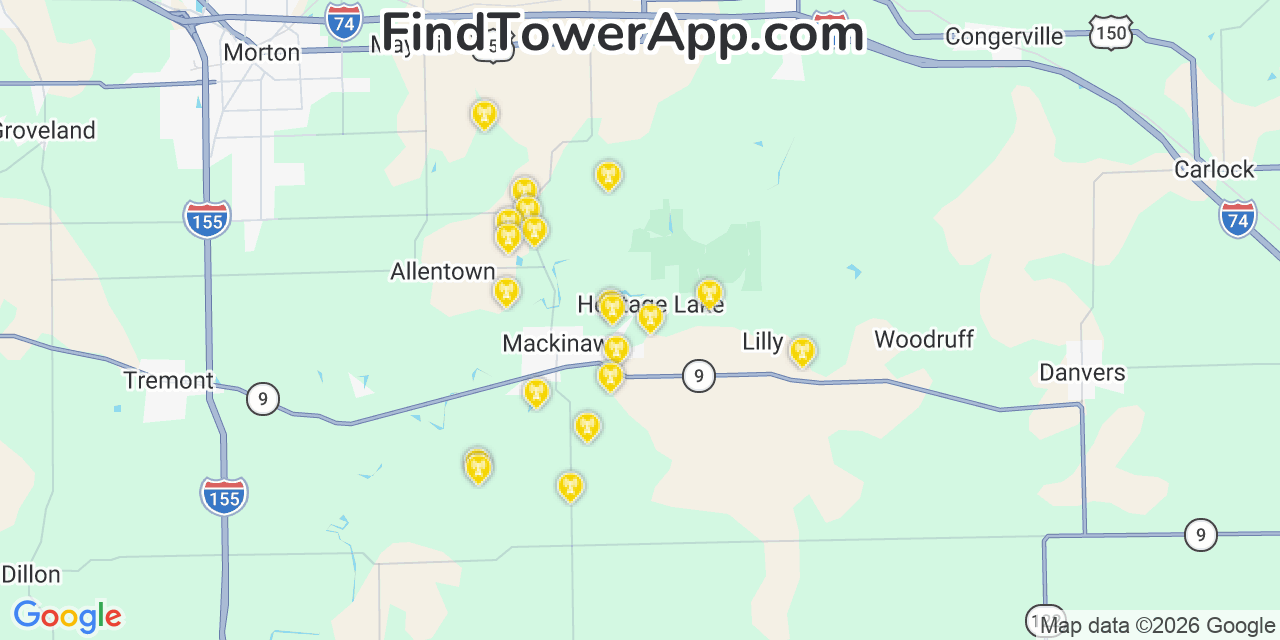 Map showing the 20 primary cell tower locations detected in Heritage Lake, Illinois from AT&T, Verizon, and T-Mobile networks