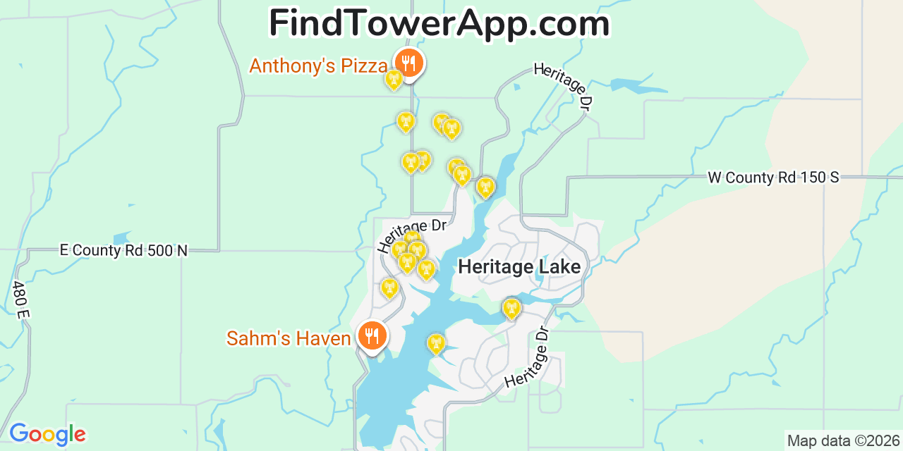 Map showing the 20 primary cell tower locations detected in Heritage Lake, Indiana from AT&T, Verizon, and T-Mobile networks
