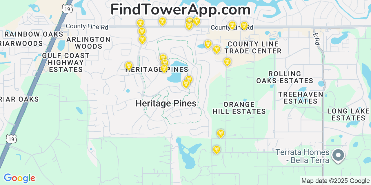 Map showing the 20 primary cell tower locations detected in Heritage Pines, Florida from AT&T, Verizon, and T-Mobile networks