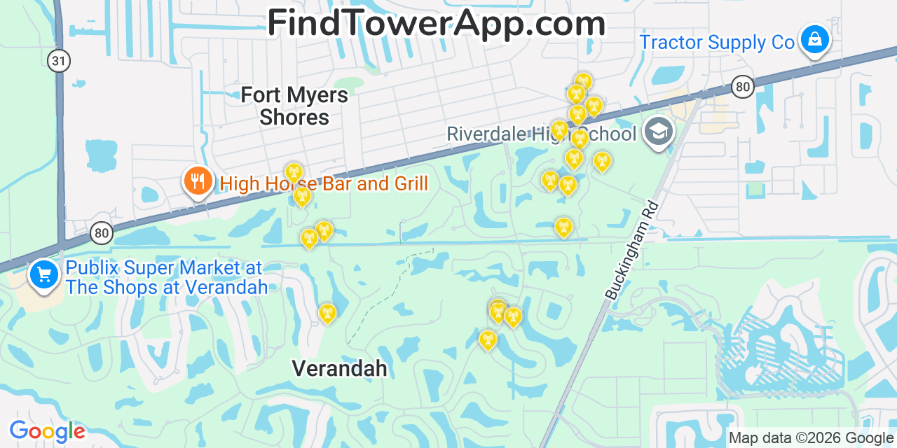 Map showing the 20 primary cell tower locations detected in Heritage Pines, Florida from AT&T, Verizon, and T-Mobile networks