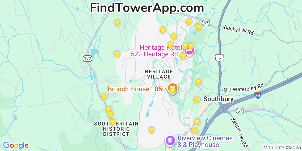 Map showing the 20 primary cell tower locations detected in Heritage Village, Connecticut from AT&T, Verizon, and T-Mobile networks