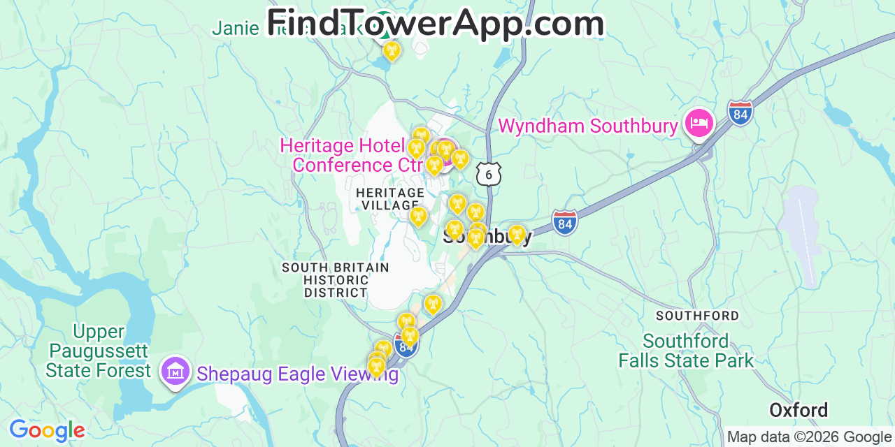 Map showing the 20 primary cell tower locations detected in Heritage Village, Connecticut from AT&T, Verizon, and T-Mobile networks
