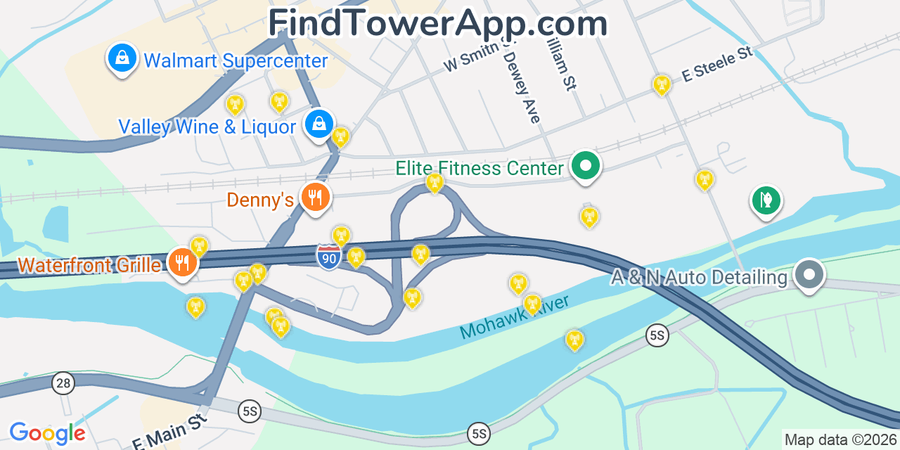 Map showing the 20 primary cell tower locations detected in Herkimer, New York from AT&T, Verizon, and T-Mobile networks