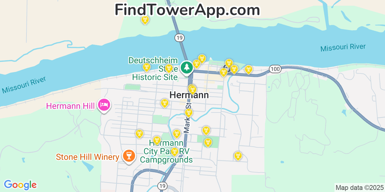 Map showing the 20 primary cell tower locations detected in Hermann, Missouri from AT&T, Verizon, and T-Mobile networks
