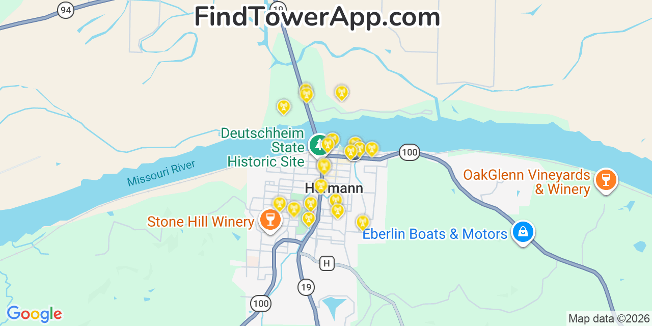 Map showing the 20 primary cell tower locations detected in Hermann, Missouri from AT&T, Verizon, and T-Mobile networks