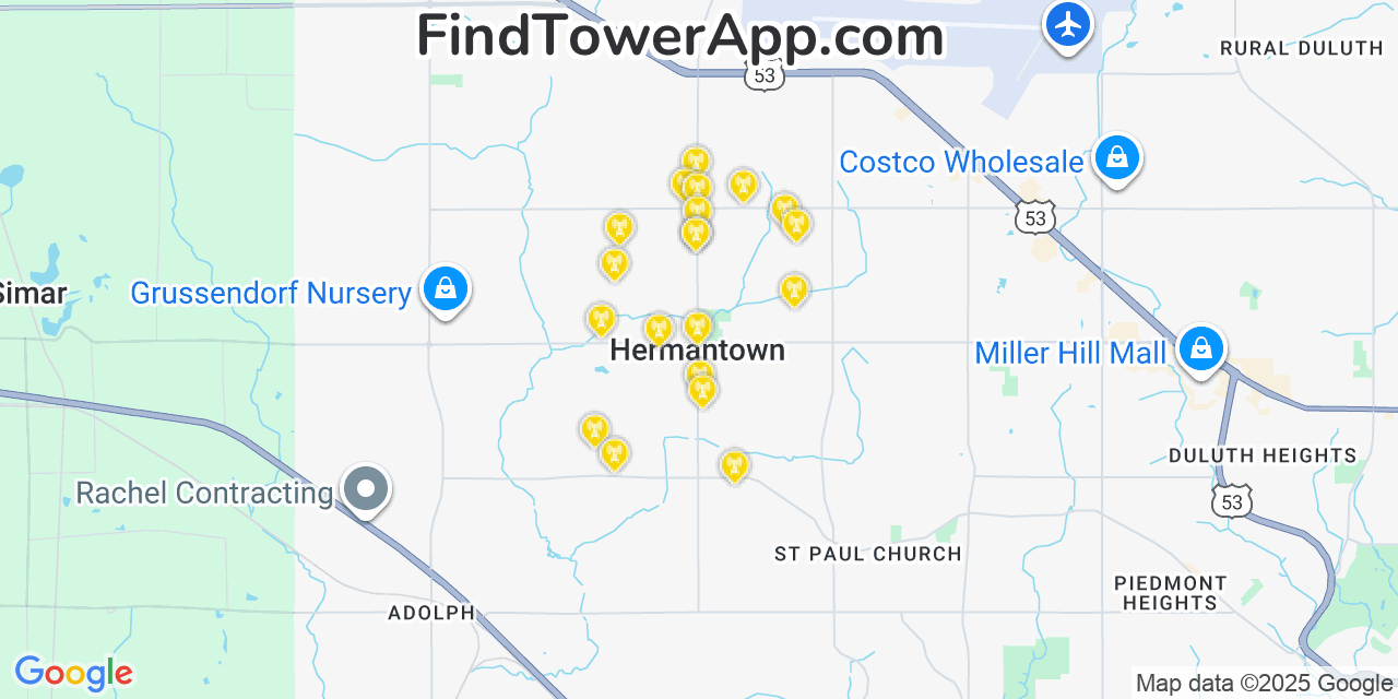 Map showing the 20 primary cell tower locations detected in Hermantown, Minnesota from AT&T, Verizon, and T-Mobile networks