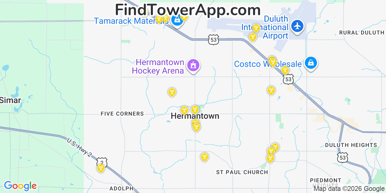Map showing the 20 primary cell tower locations detected in Hermantown, Minnesota from AT&T, Verizon, and T-Mobile networks