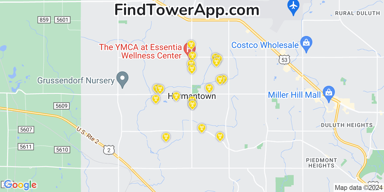 Verizon 4G/5G cell tower coverage map Hermantown, Minnesota