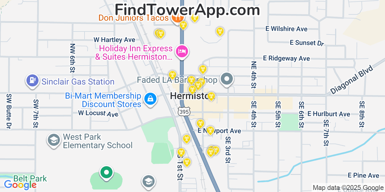 Map showing the 20 primary cell tower locations detected in Hermiston, Oregon from AT&T, Verizon, and T-Mobile networks