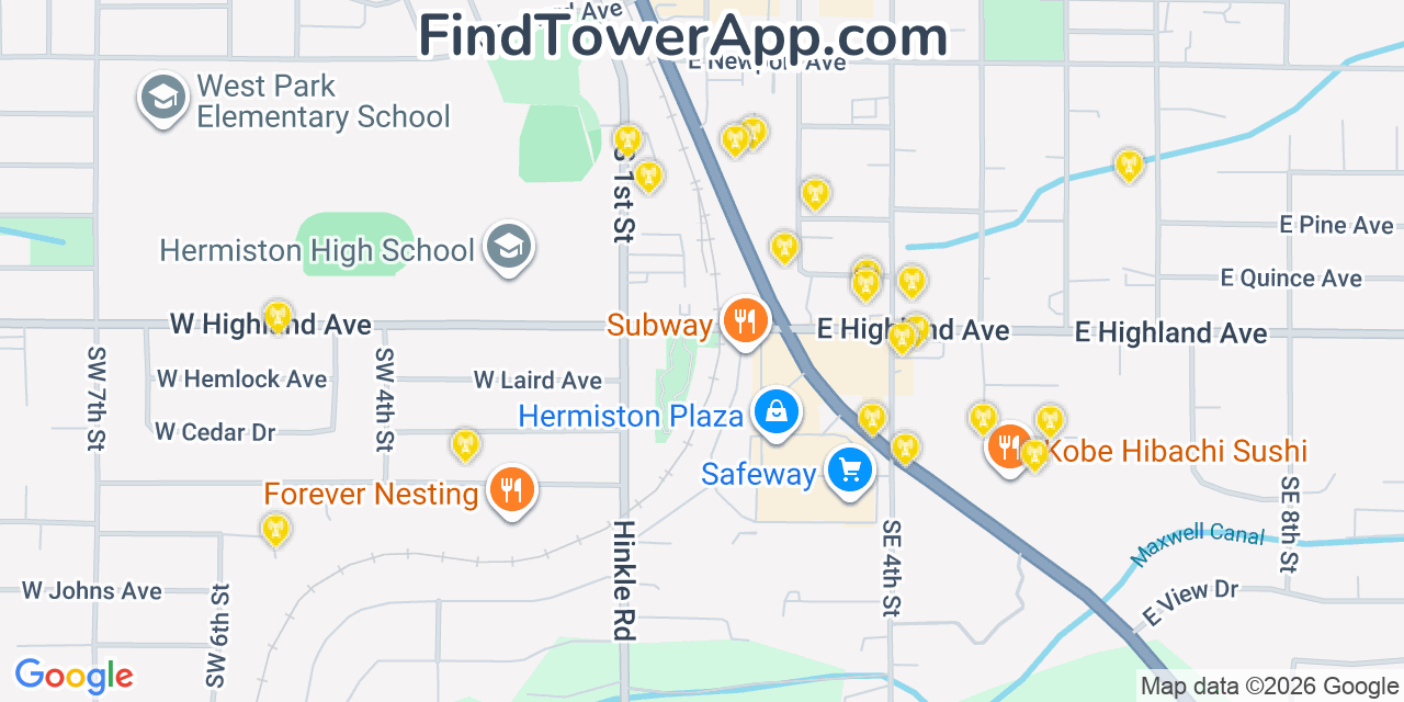 Map showing the 20 primary cell tower locations detected in Hermiston, Oregon from AT&T, Verizon, and T-Mobile networks